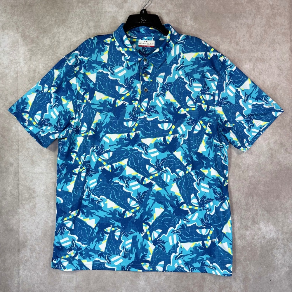 Grand Slam Performance Polo Men XL Blue Tropical Abstract Floral Short Sleeve